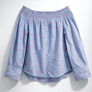 Tommy Hilfiger Blue Off-Shoulder Top with Pink Floral Embroidery